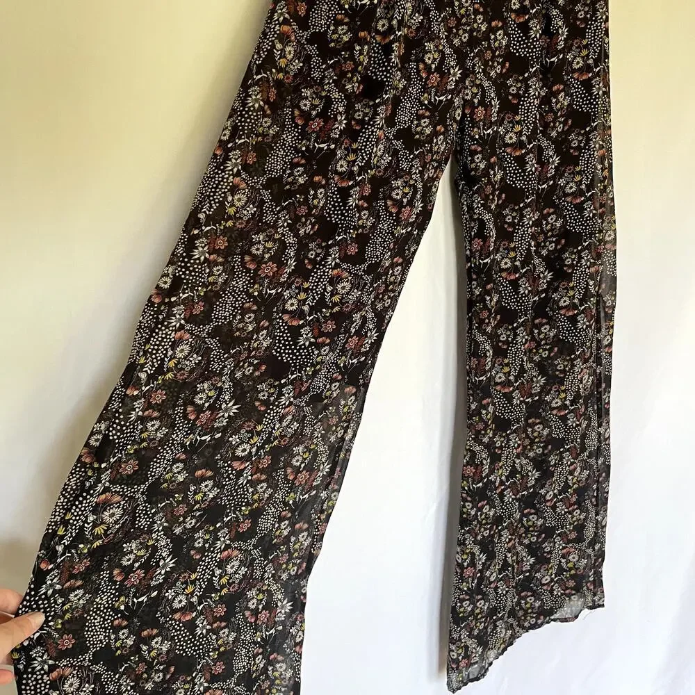 Downeast navy pink floral wide leg flowy pants women's size small lined trousers